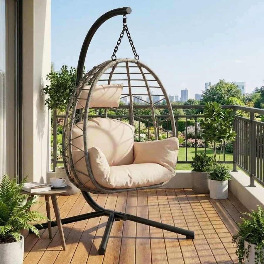 HiMISS Hängesessel aus Korbgeflecht mit schwarzem Ständer, wasserdichtem Kissen und Kopfstütze in Schwarz und Grau für Garten, Terrasse und Balkon - Bild 2