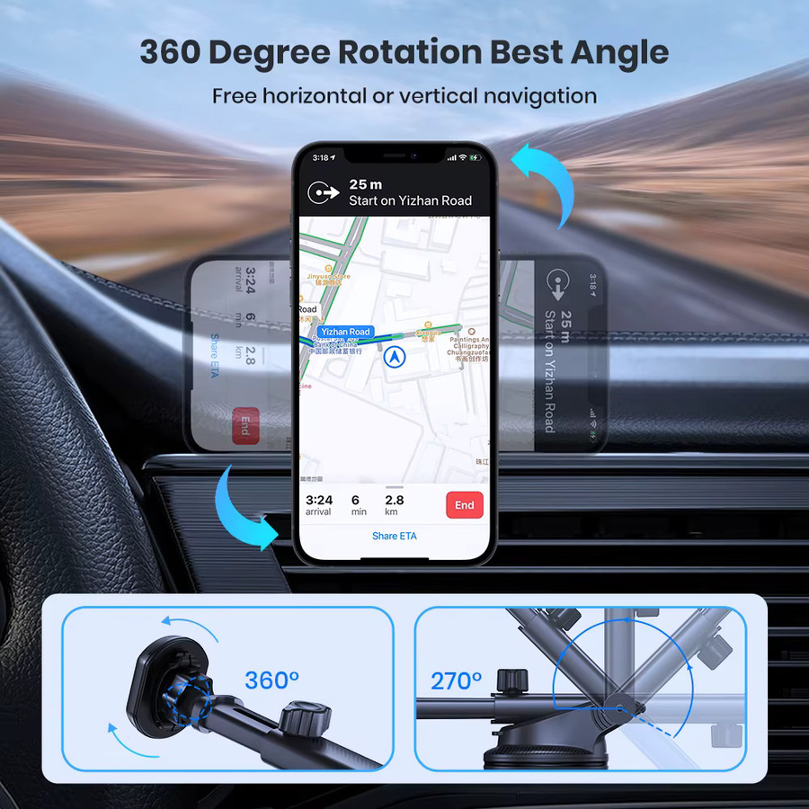 TOPK Magnetische 3-in-1 Handy-Autotelefonhalterung für Windschutzscheibe und Armaturenbrett in Schwarz mit verstellbarem langem Arm - Bild 4