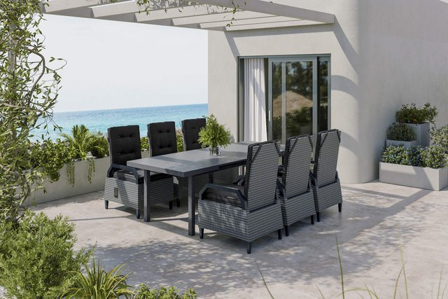 OUTFLEXX Porto Garten-Essgruppe aus Alu und Polyrattan in Anthrazit/Grau mit ausziehbarem Tisch und Polstern - Bild 1