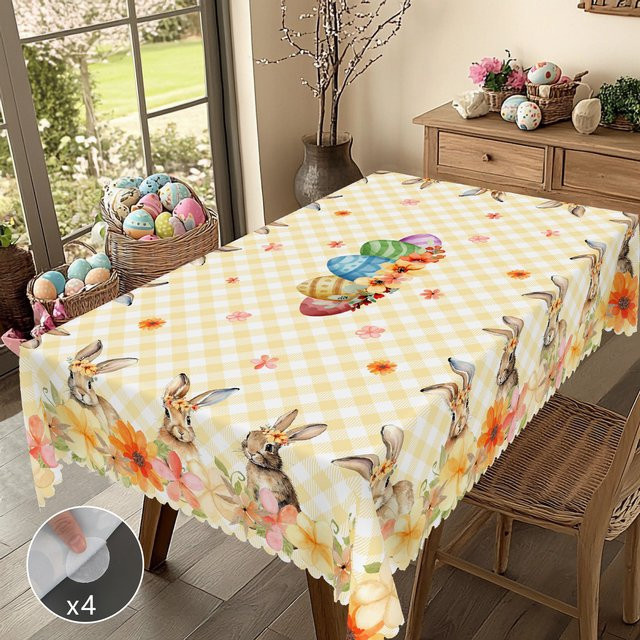 Oster-Tischdecke mit Karomuster und Spitzenrand in Mehrfarbig, erhältlich als runde oder rechteckige Tischdecke aus Leinen-Polyester-Mischung - Bild 1