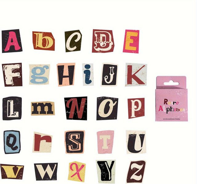 52 Stück Vintage Buchstabenaufkleber A-Z in Multicolour für Scrapbooking und DIY-Dekoration aus Papier - Bild 1