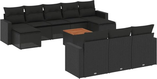 vidaXL 11-teilige Garten-Sofagarnitur in U-Form aus Polyrattan und Akazienholz mit Kissen in Schwarz - Bild 1