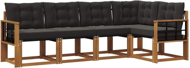 vidaXL Outdoor-Sofagarnitur 5-teilig in L-Form aus Akazienholz mit Textilene und Kissen, Schwarz und Natur - Bild 1