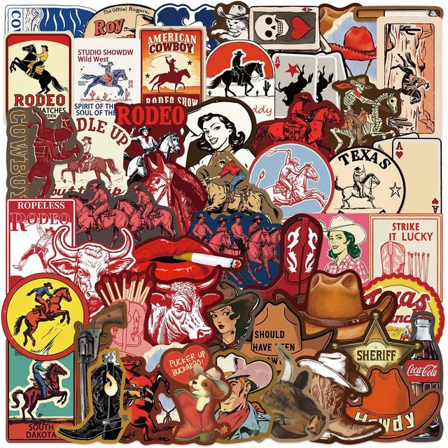50 Stück rote Western-Cowboy-Gothic-Doodle-Aufkleber aus Papier für Helm, Auto und Skateboard - Bild 1
