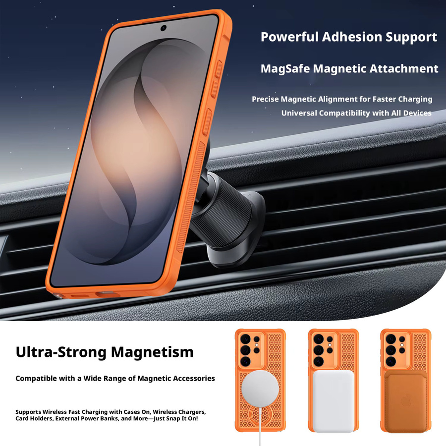 Magnetische 360 Grad Handyhülle mit Stützhalterung und kühlender Wärmeableitung für Samsung Galaxy S25 Ultra, S26 Ultra, S24 Plus und S23 FE in Schwarz oder Orange - Bild 2