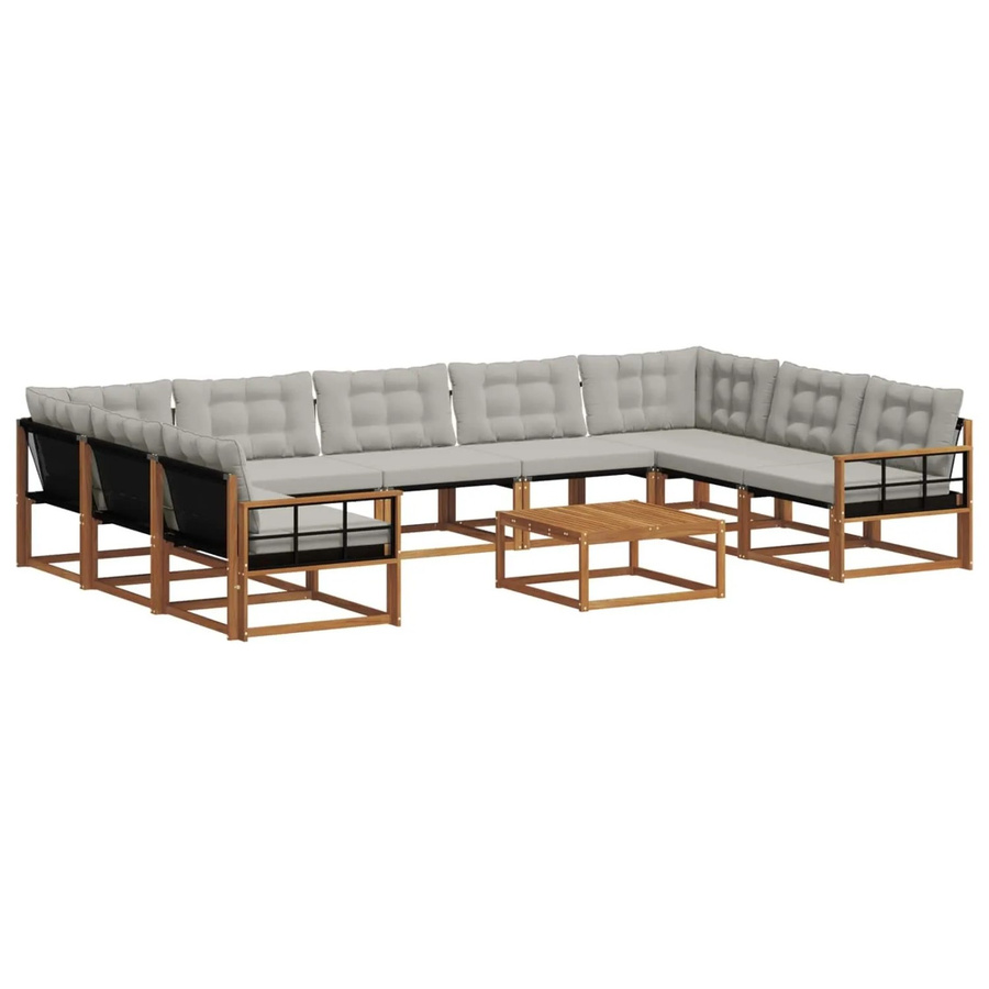 vidaXL Outdoor-Sofagarnitur aus massivem Akazienholz in L-Form, 10-teiliges Set mit Textilene-Elementen und Kissen, Farbe: Natur und Hellgrau - Bild 2
