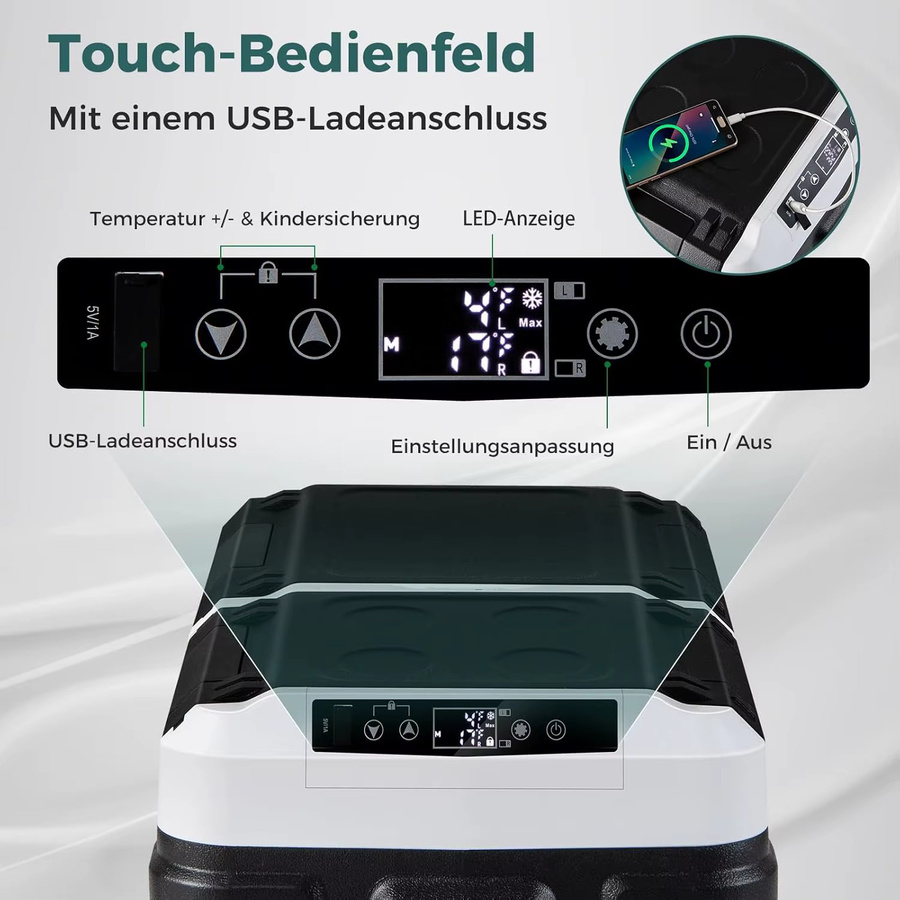 GOFLAME Kompressor-Kühlbox 40 l in Schwarz mit LED-Anzeige, USB-Ladeanschluss und Temperaturregelung von -20 bis 20 Grad Celsius, AC/DC Mini-Kühlschrank - Bild 5