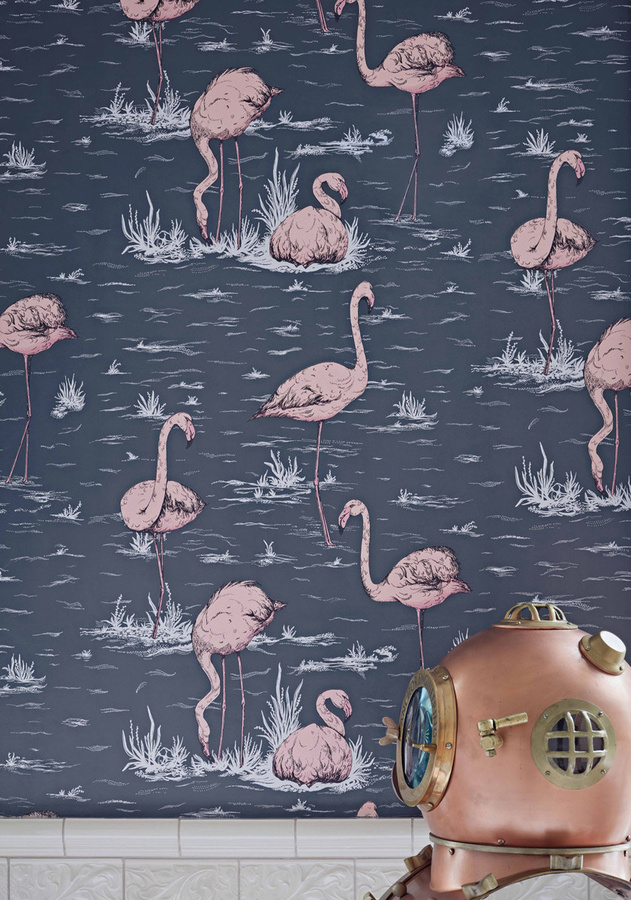 Cole & Son Tapete Flamingos Icons in Ink & Alabaster Pink und Blue im Vintage Animal Print aus Vlies - Bild 1