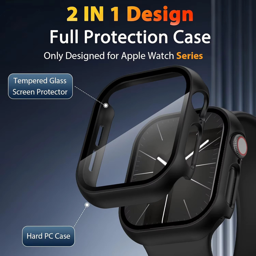 VATMENS Displayschutzfolie aus Glas und Hülle für Apple Watch Serie 3 bis 9 sowie SE in Schwarz und Grün - Bild 2