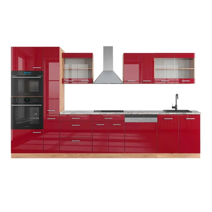 Vicco R-Line Küchenzeile Bordeaux Hochglanz in Goldkraft Eiche mit Hochschrank und Marmor-Arbeitsplatte, Breite: 350 cm - Bild 2