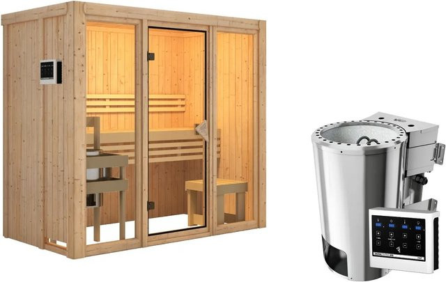Karibu Sauna Sky 2 Bio-Sauna in Naturbelassen mit 3,6 kW Ofen und externer Steuerung, Braun - Bild 1