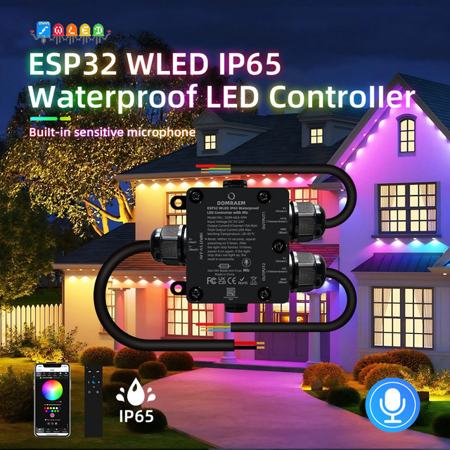 DOMRAEM ESP32 WLED adressierbarer 2-Kanal-LED-Controller in Schwarz mit integriertem Relais, Mikrofon für Musik-Synchronisierung und Alexa-Unterstützung, IP65 wasserdicht, kompatibel mit WS281X und SK6812 - Bild 1