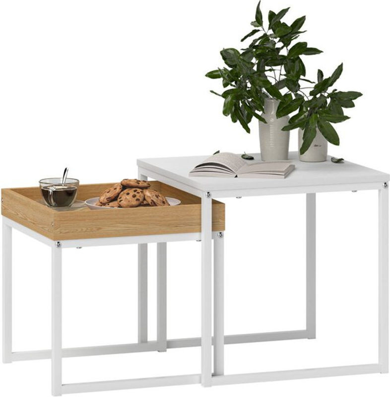 HOMCOM 2er-Set Satztisch als Couchtisch und Beistelltisch im modernen Design aus Holzwerkstoff und Stahl, Weiß und Eiche Natur - Bild 1