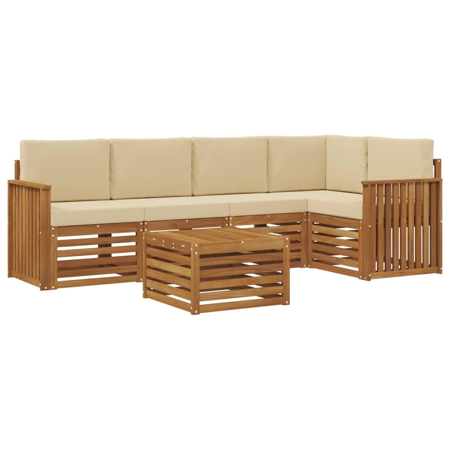vidaXL Sofagarnitur 6-teilig L-Form aus Massivholz Akazie in Natur und Beige mit Polsterung und Armlehnen - Bild 2