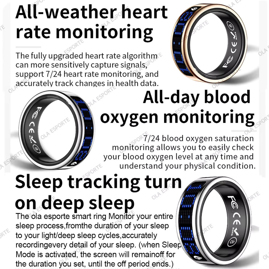 Ola Esporte Smart Ring mit Touch-Display und Gesundheitsmanager, kabelloses Laden, 5 ATM wasserdicht, Unisex, Schwarz oder Weiß - Bild 4