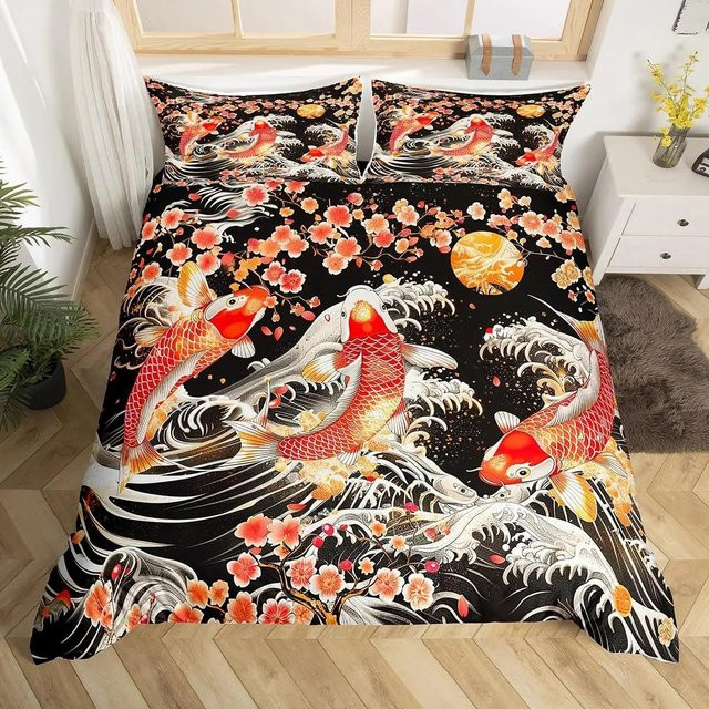 Japanisches Samurai Bettwäscheset mit Kirschblüten, Roter Sonne und Fuji Berg, Doppelgröße, Rot/Schwarz, B/H: 180 x 210 cm - Bild 1