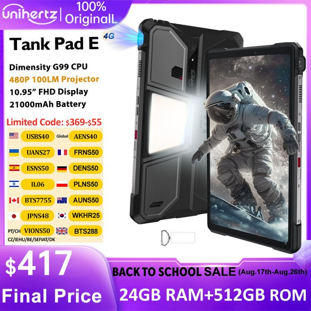 Unihertz 8849 TANK PAD E Robustes Android Tablet mit Projektor, 512 GB Speicher, 24 GB RAM, 10,95 Zoll Display, Schwarz - Bild 1