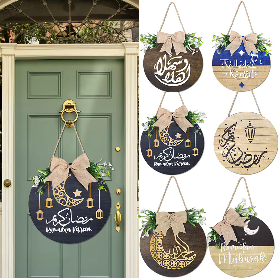WEIGAO Ramadan Kareem Holzschild als runder Eid Mubarak Türhänger und Wanddekoration mit Mond- und Buchstaben-Motiv - Bild 2