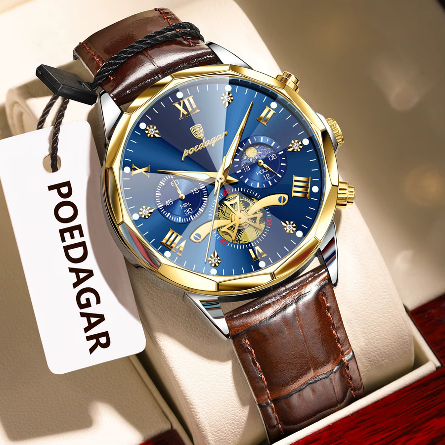 POEDAGAR Armbanduhr Chronograph, Quarz, Leder, Blau, Herren - Bild 2