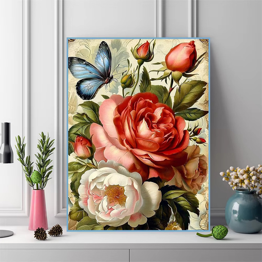 Momoart DIY Blumen-Diamant-Stickerei Pfingstrosen-Gemälde mit Schmetterling, buntes Diamant-Mosaik Set für Erwachsene, B/H: 30 x 20 cm - Bild 3