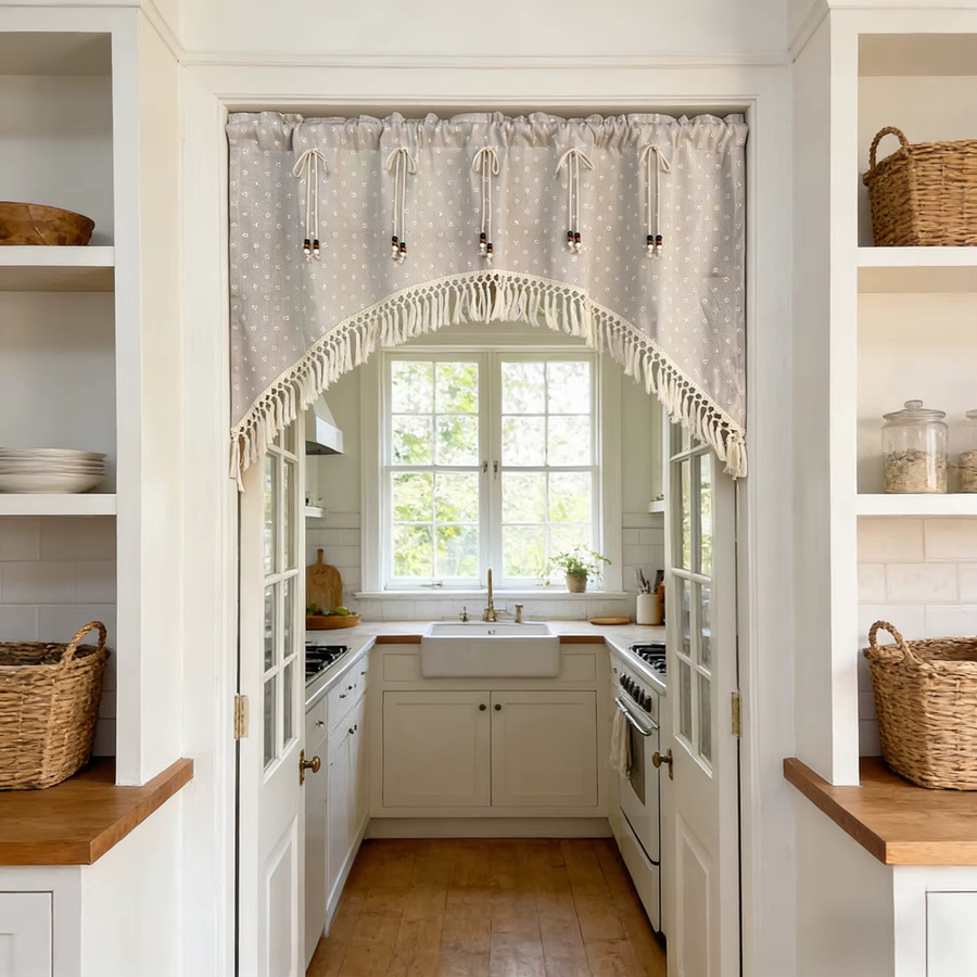 WPKIRA Boho Küchenvorhang mit Gänseblümchen-Druck und Quasten in Weiß, halbtransparenter Querbehang für Fenster und Türen - Bild 2