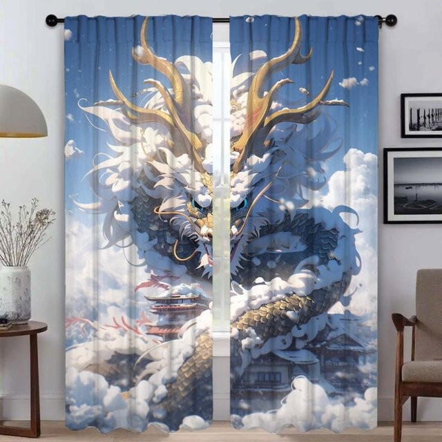 Sky Guardian Drachen Küchenvorhänge aus Tüll in Blau, 2er-Set, Breite: 50 cm, Höhe: 70 cm - Bild 1