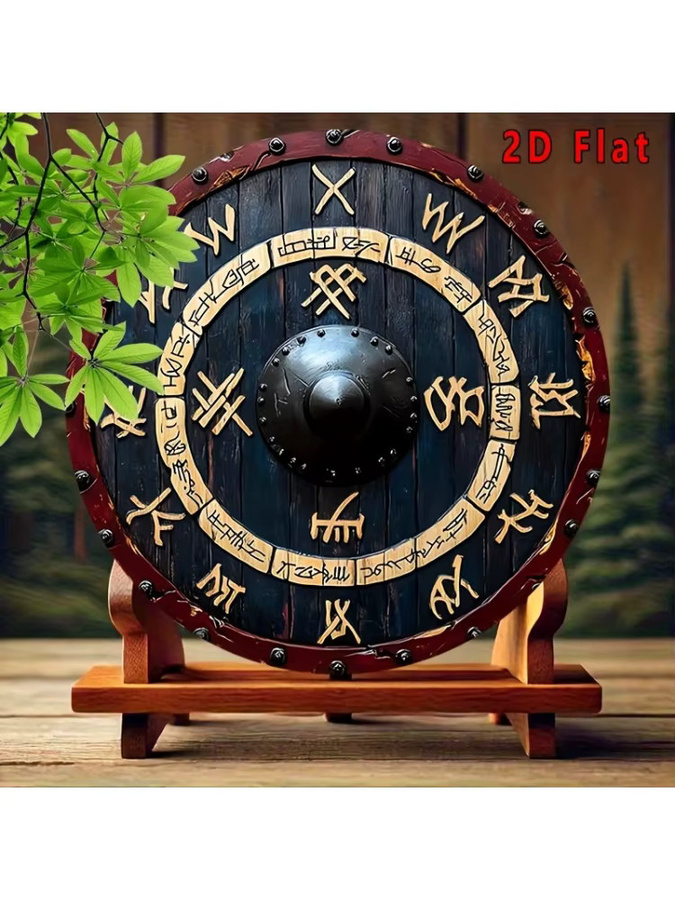Reus Viking Rune Shield Metallwandkunst mit goldenen Runen, dunklem Holz und rotem Rand, Durchmesser: 20,32 cm - Bild 7