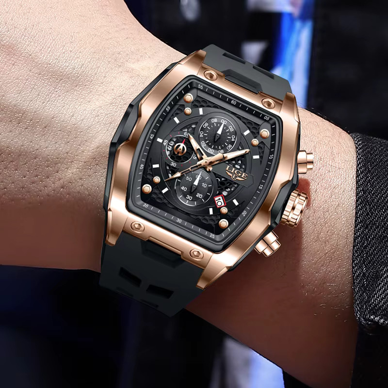 LIGE Chronograph, Quarz, Eckig, Silikon, Schwarz, Herren - Bild 4