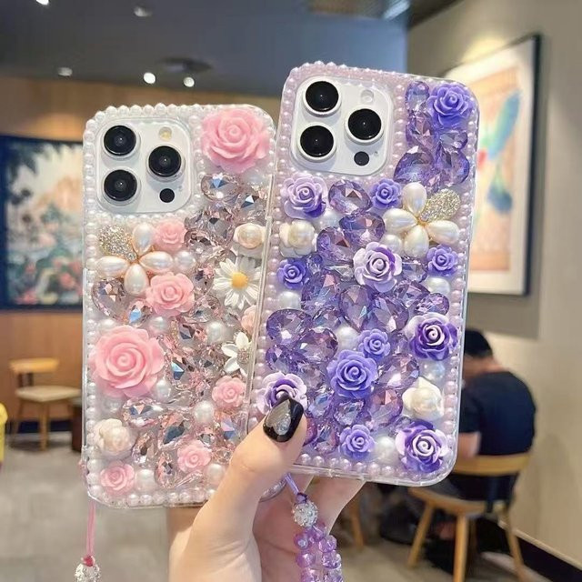 Fashion Clear 3D Bling Diamond Rose Flower Handyhülle für Xiaomi und Redmi Modelle in Transparent und Purple - Bild 1