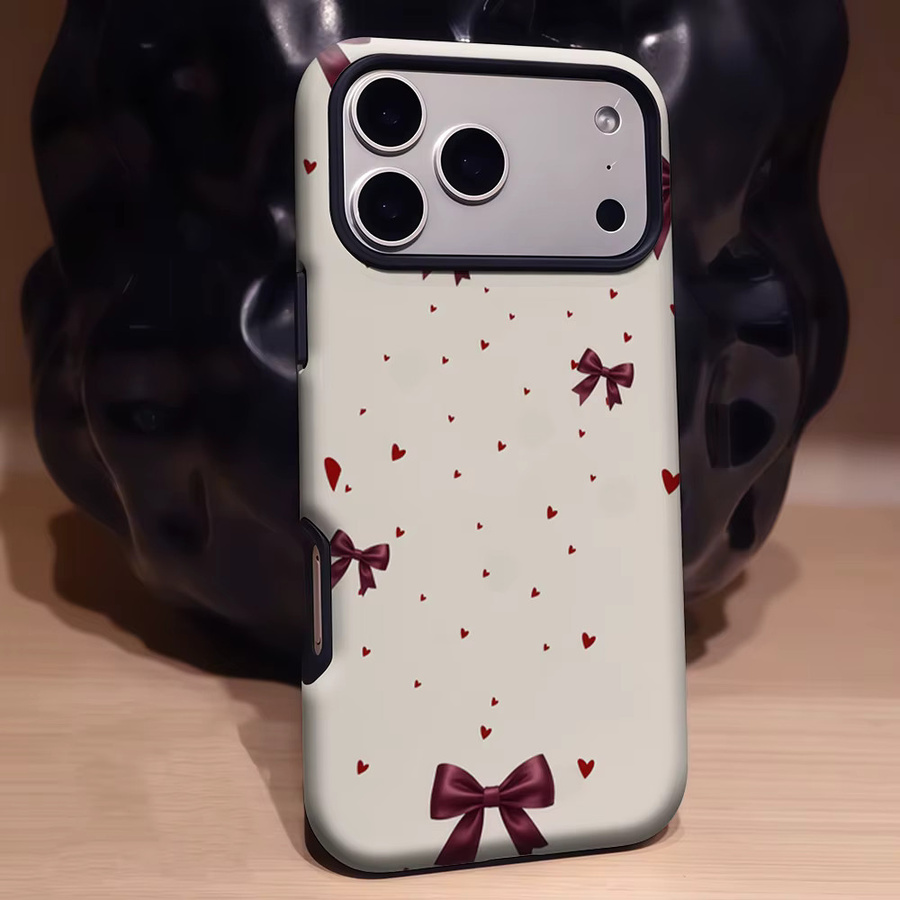 Potdemiel Magnetische Handyhülle mit Schleife und Herz in Burgunderrot und Multicolour für iPhone 17 16 15 14 13 Pro Max Plus, robuste doppelschichtige Schutzhülle - Bild 2