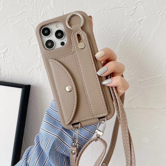 Crossbody Lanyard Handyhülle mit Kartenhalter und Brieftasche aus Leder für Apple iPhone 15 14 13 12 11 Pro Max XS XR Plus in Schwarz - Bild 1