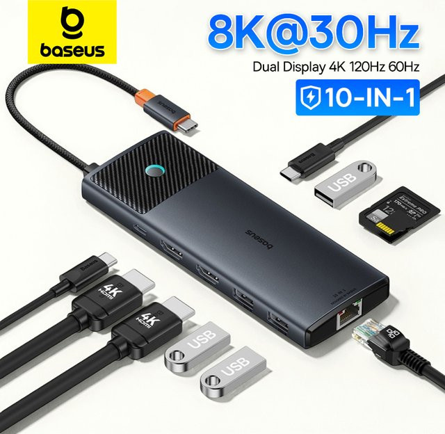 Baseus 10-in-1 USB-C Hub mit Dual HDMI 4K UHD, USB 3.2, RJ45, SD und TF Kartenleser, Schwarz - Bild 1