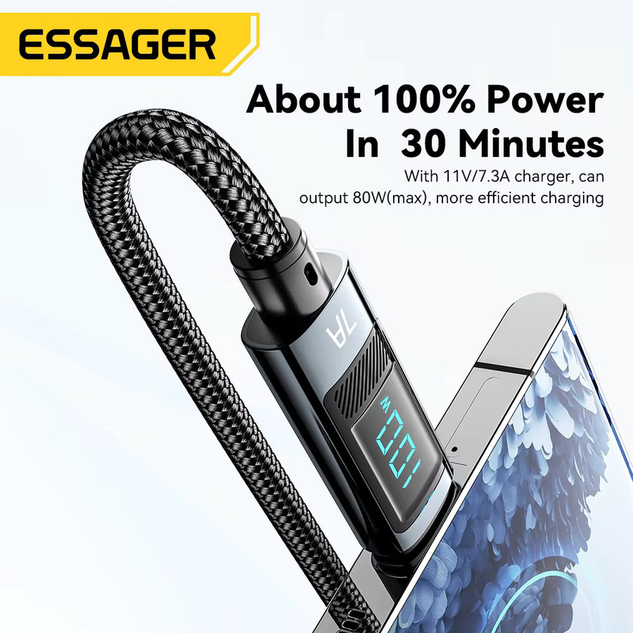 Essager 7A USB Typ C Kabel 100 W Schnellladekabel für Datenübertragung in Schwarz - Bild 3