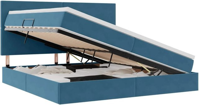 vidaXL Bett mit Stauraum und LED in Dunkelblau aus Samt, B/T: 200 x 200 cm - Bild 1