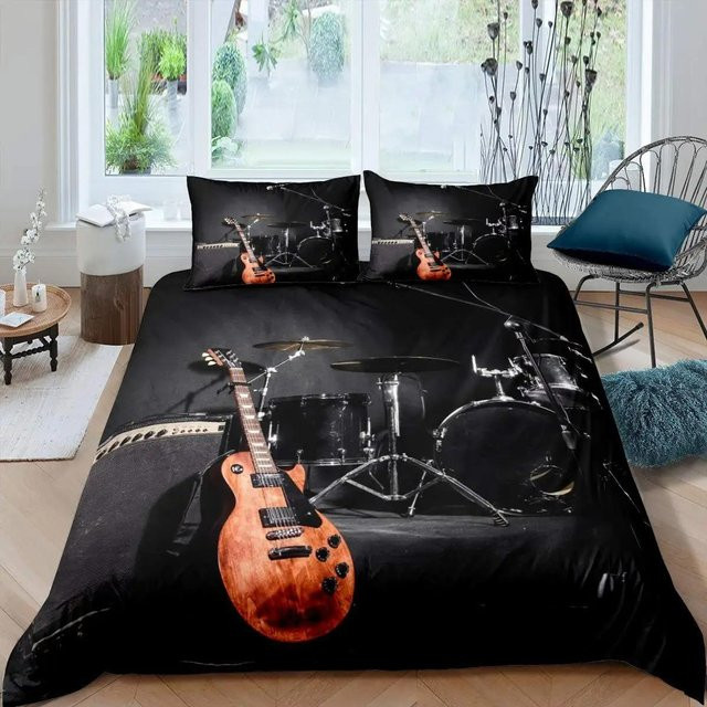 Premium Gitarre Bettwäsche Set mit Rockmusik Design in Grau, Polyester, B/H: 135 x 200 cm - Bild 1
