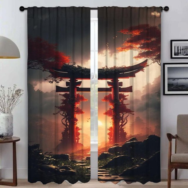 2er-Set Vorhänge im japanischen Stil für Wohnzimmer und Kinderzimmer, halbtransparent, mehrfarbig, B: 50 cm, H: 70 cm - Bild 1
