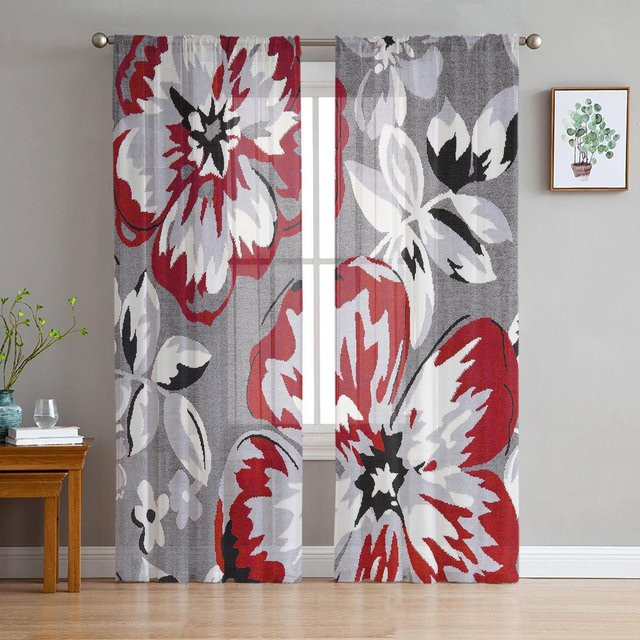 A Family Of Home Textiles Transparente Tüll-Vorhänge mit Blumenmuster in Rot und Grau, B: 135 cm, H: 160 cm - Bild 1