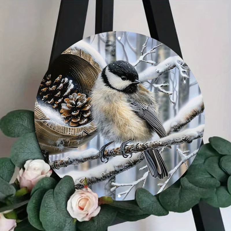 Potdemiel Wandkunst Chickadee-Vogel und Tannenzapfen, rundes Metallschild Outdoor-Hängedekoration, Durchmesser: 20,3 cm, Mehrfarbig - Bild 4