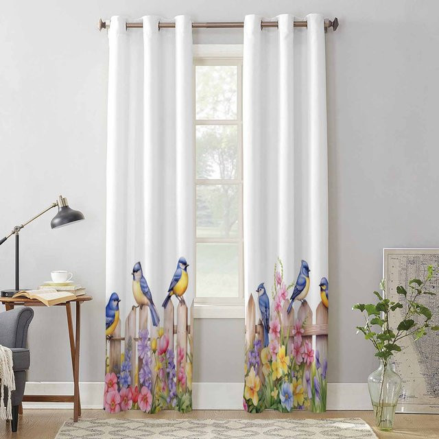 Super Six Aquarell Gartenvogel und Blumen Fenstervorhang, halbtransparent, Weiß/Mehrfarbig, B: 135 cm, H: 60 cm - Bild 1