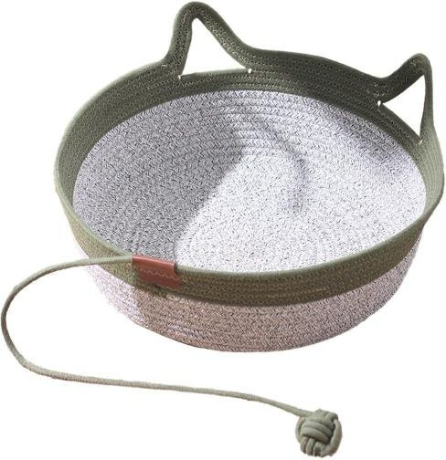 Handgeflochtener Seil-Katzenkorb in Grün mit integriertem Seilknotenball und Katzenohrendesign, faltbares Katzenbett für Hauskatzen, Größe Large - Bild 1