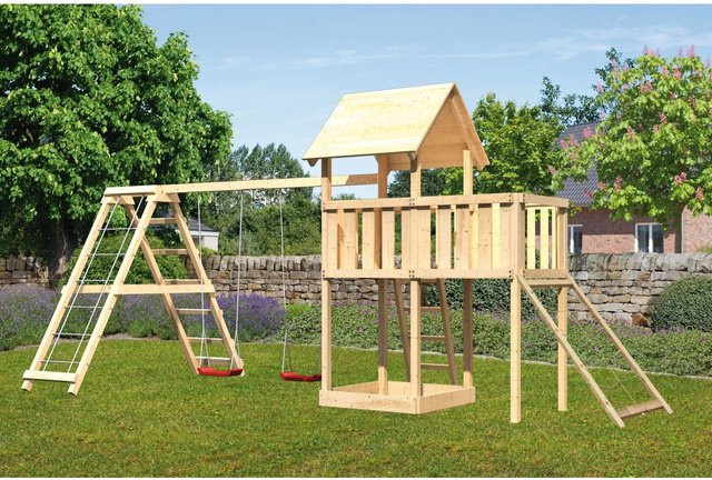 Karibu Spielturm Lotti mit Doppelschaukel, Klettergerüst, Anbauplattform und Netzrampe - Bild 1