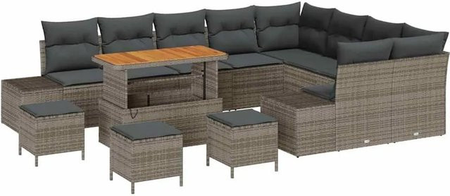 vidaXL Gartensofa-Set aus Poly Rattan in Grau mit Kissen und Stauraumfunktion, 13-teiliges Lounge-Set mit Tisch und Hockern - Bild 1