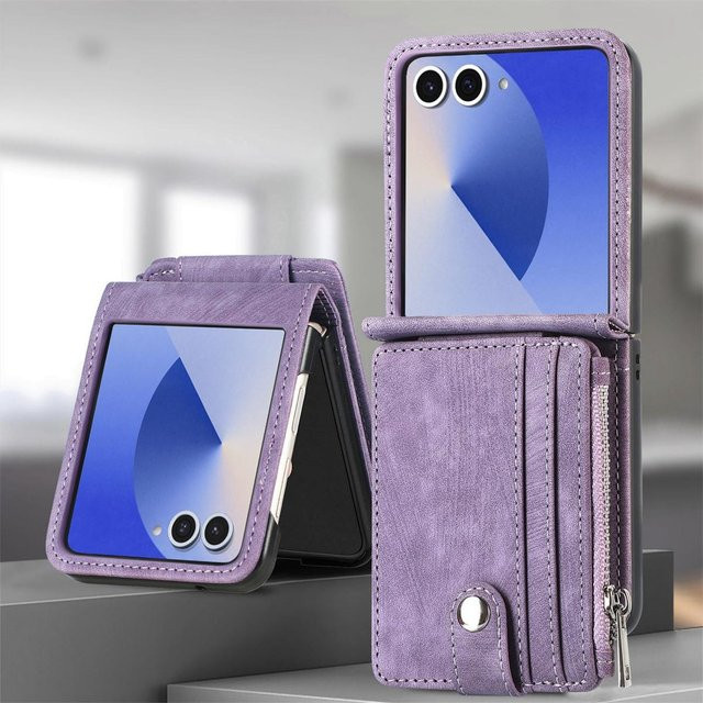 Luxus Leder Portemonnaie Handyhülle mit Reißverschluss und Kartenhalter für Samsung Galaxy Z Flip 8 7 FE 6 5 4 3 in Violett - Bild 1