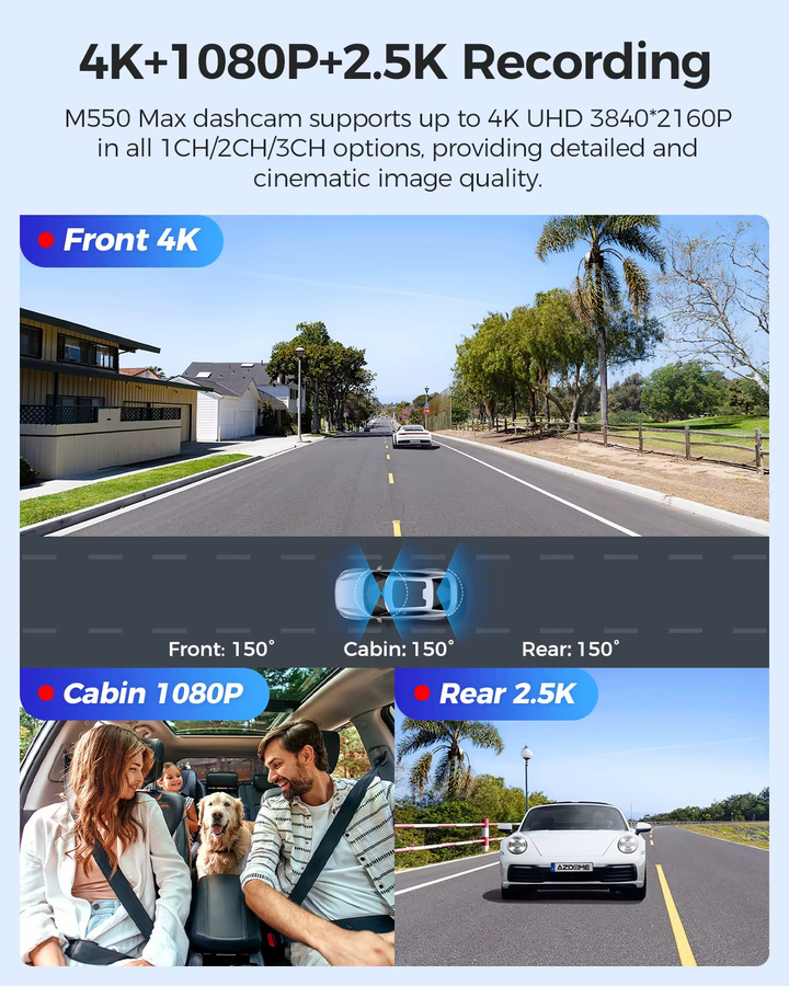 AZDOME M550 Max Dash Cam mit 4K Auflösung, GPS und WiFi, 150 Grad Sichtfeld, 24H Parkplatz-Überwachung und Nachtsicht, Schwarz - Bild 3