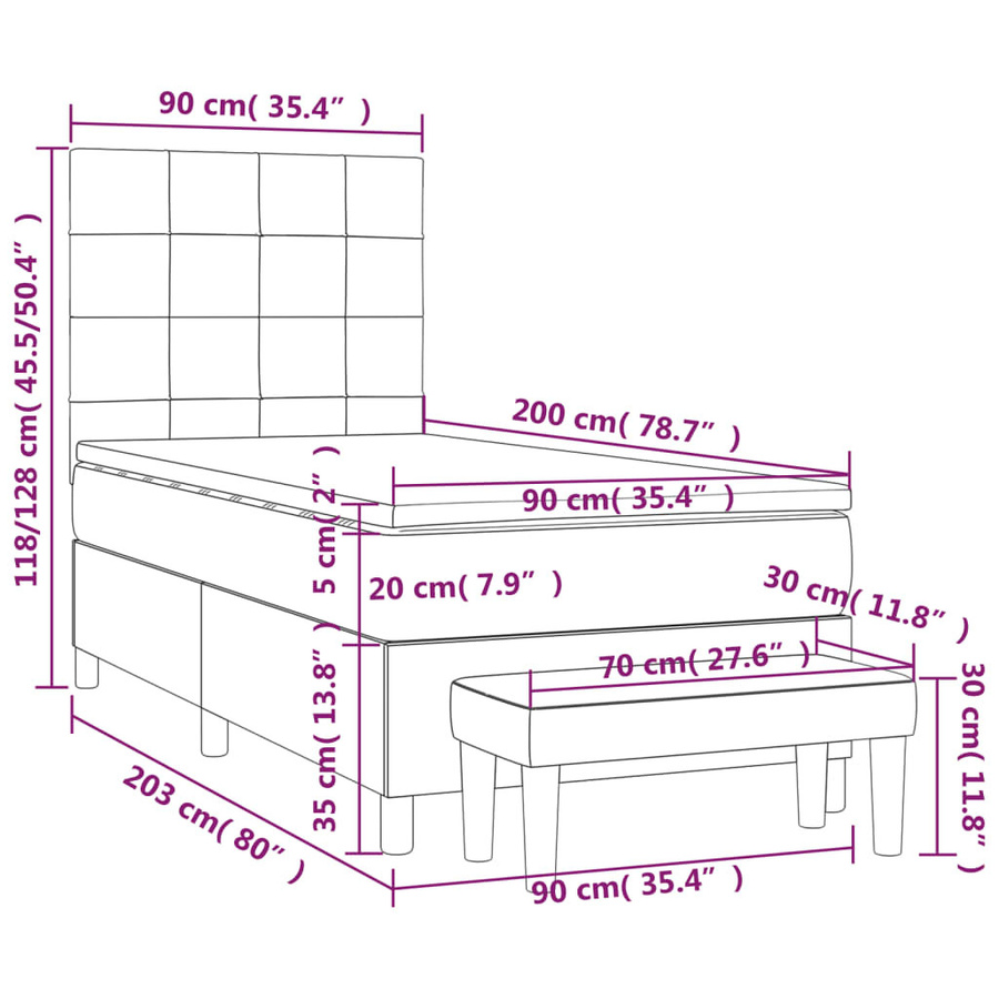 vidaXL Boxspringbett mit Matratze Hellgrau Samt B/T/H: 90 x 200 x 128 cm - Bild 3