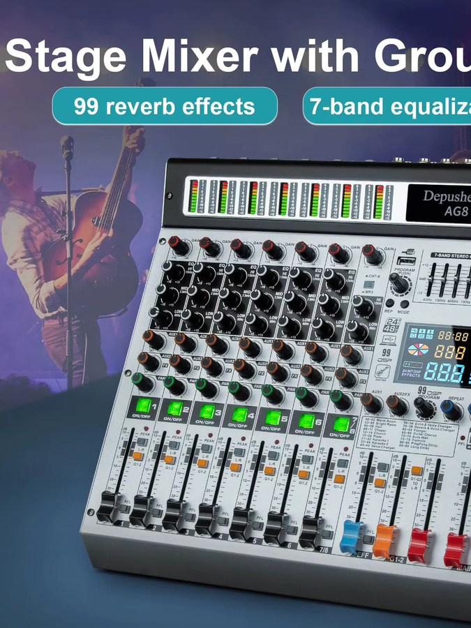 Depusheng AG8 Professionelles 8-Kanal-Mischpult mit 99 DSP Digitalen Effekten für DJ-Konsole und Bühnentechnik - Bild 5