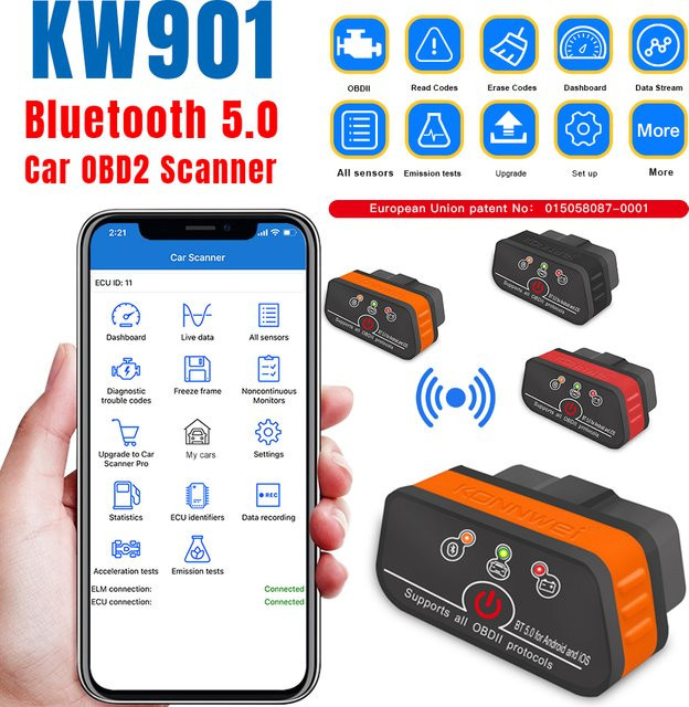 KONNWEI KW901 ELM327 V1.5 Bluetooth 5.0 OBD2 Auto Diagnose Scanner für Android und iOS in Orange - Bild 1