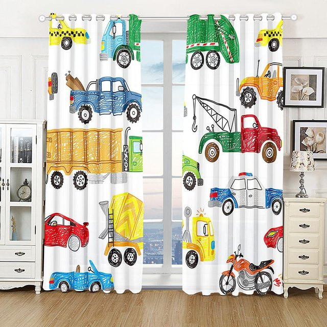 Yiran Furniture Kinder Vorhänge mit Auto Lkw Bagger Motiv, 2er Set, halbtransparent, Polyester, Mehrfarbig, B: 70 cm, H: 185 cm - Bild 1