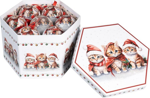 Viva Domo Weihnachtskugeln Katzen aus Glas, 14 Stück, Weiß und Rot - Bild 1