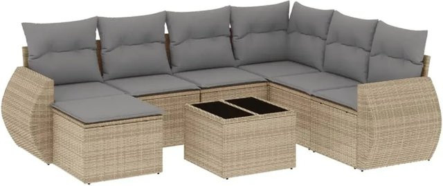 vidaXL 8-tlg Garten-Sofagarnitur in L-Form aus beige farbenem Poly-Rattan mit wetterfesten Kissen und pulverbeschichtetem Stahlgestell - Bild 1